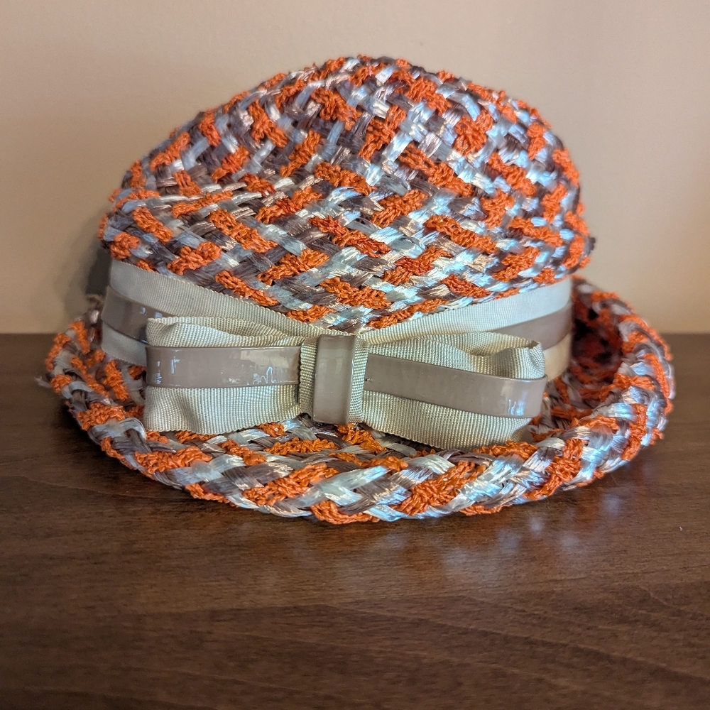 Vintage Orange/Tan Weave Hat With Bow
